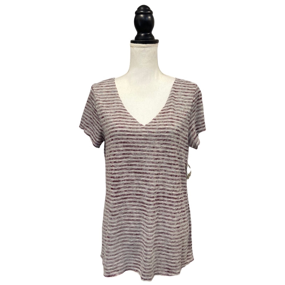 Aeropostale Striped Raw Edge V-Neck Loose Top Maroon Small